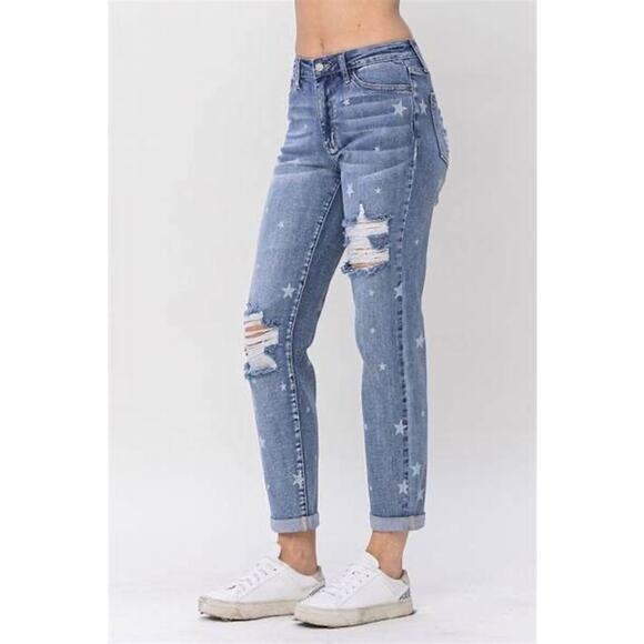 Judy Blue Denim - Judy Blue Boyfriend Jeans Blue Denim Star Print Womens Size 5 27 JB88553